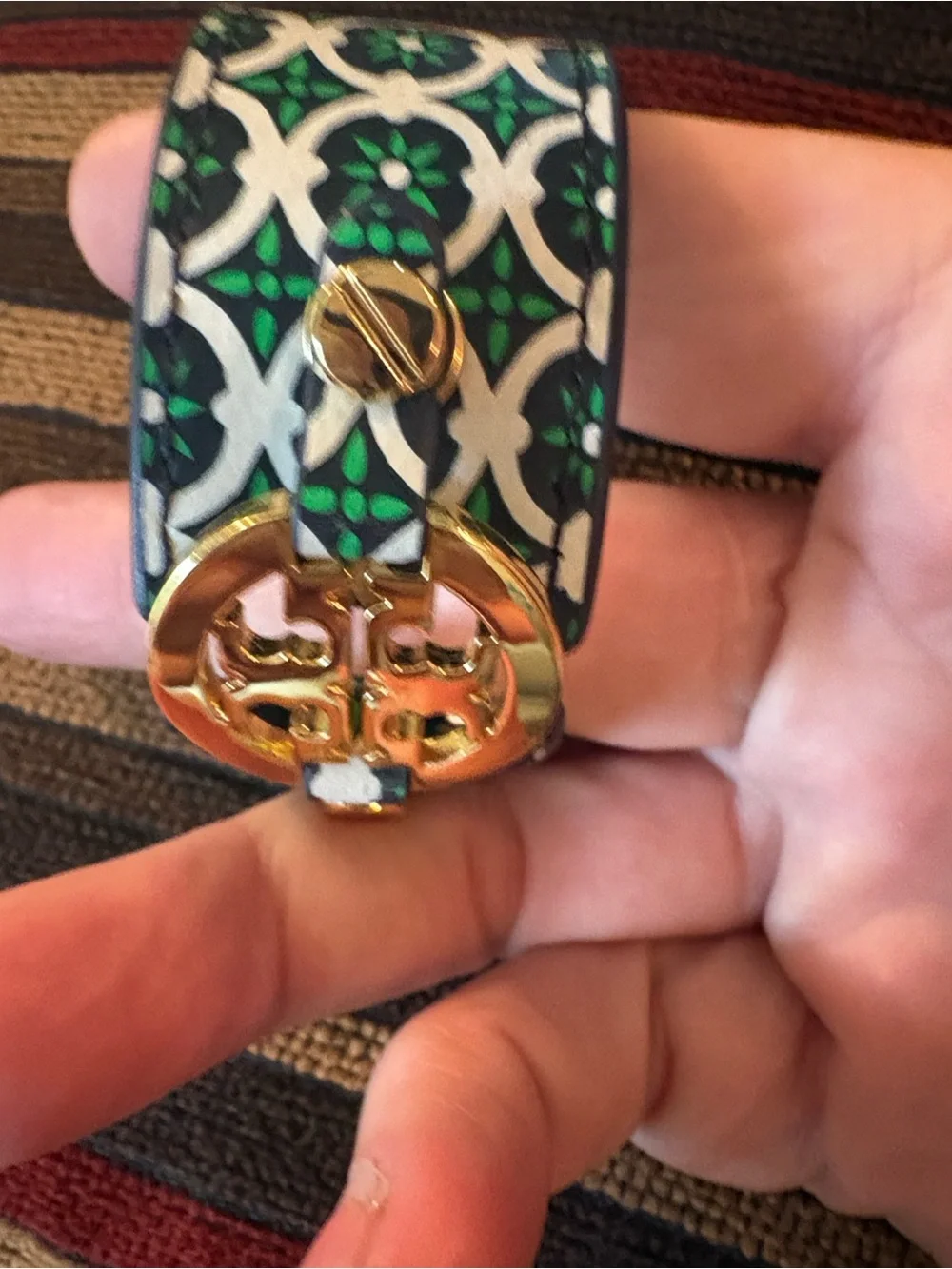 Tory Burch Green, White & Black Printed Leather Logo Cuff with Gold Logo